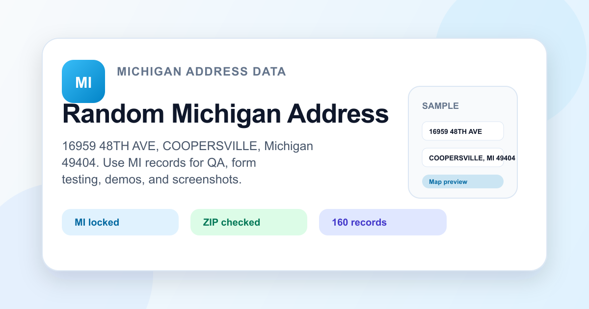 Random Michigan address generator visual with MI ZIP data, sample address fields, and copy-ready test output