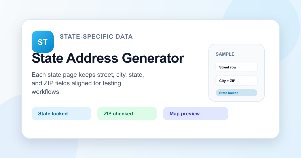 Arizona address generator visual showing state-specific address data, ZIP validation, and map preview